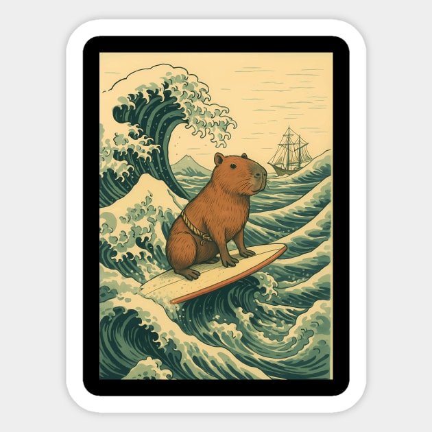 Capybara surfing kanagawa wave Sticker by SKIBITEES 